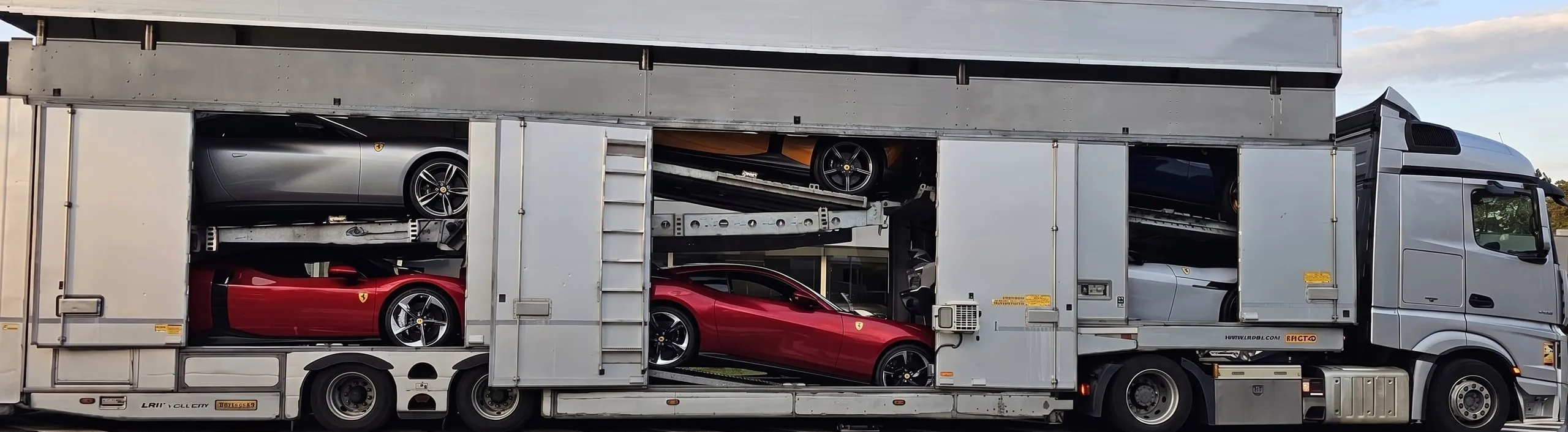 Autotransporter met open zijdeuren, Ferrari's aan boord
