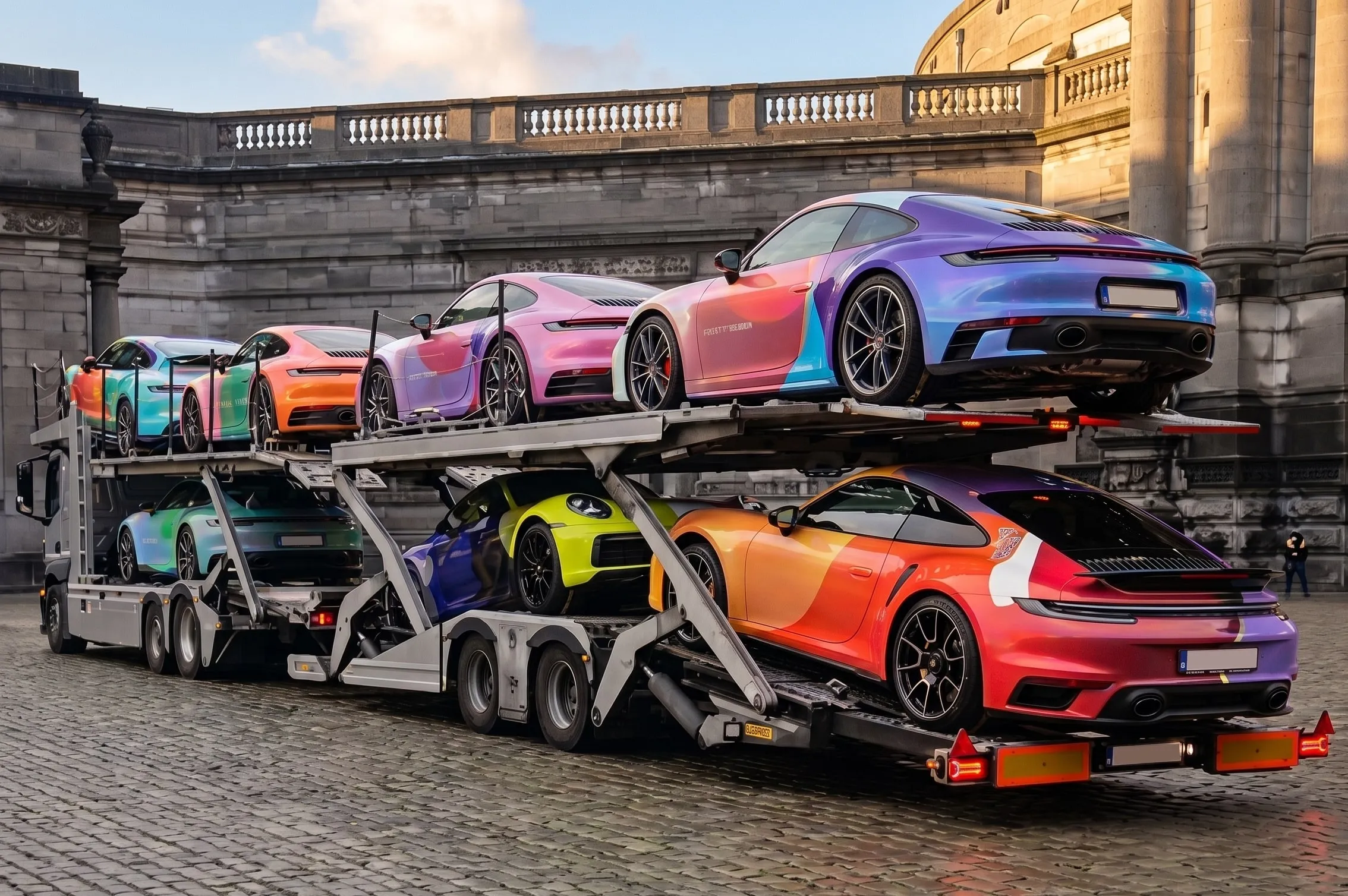 Porsche 911 aux covering colorés remplissant les deux niveaux d'un camion ouvert