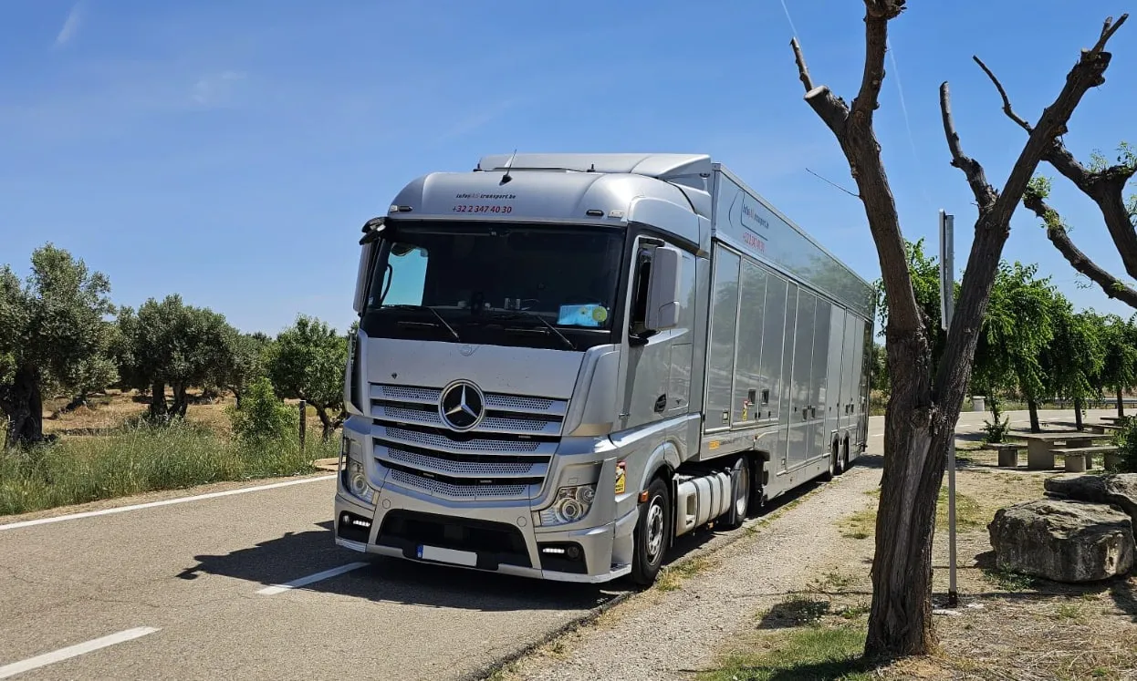 Gesloten transporter op een weg met olijfbomen