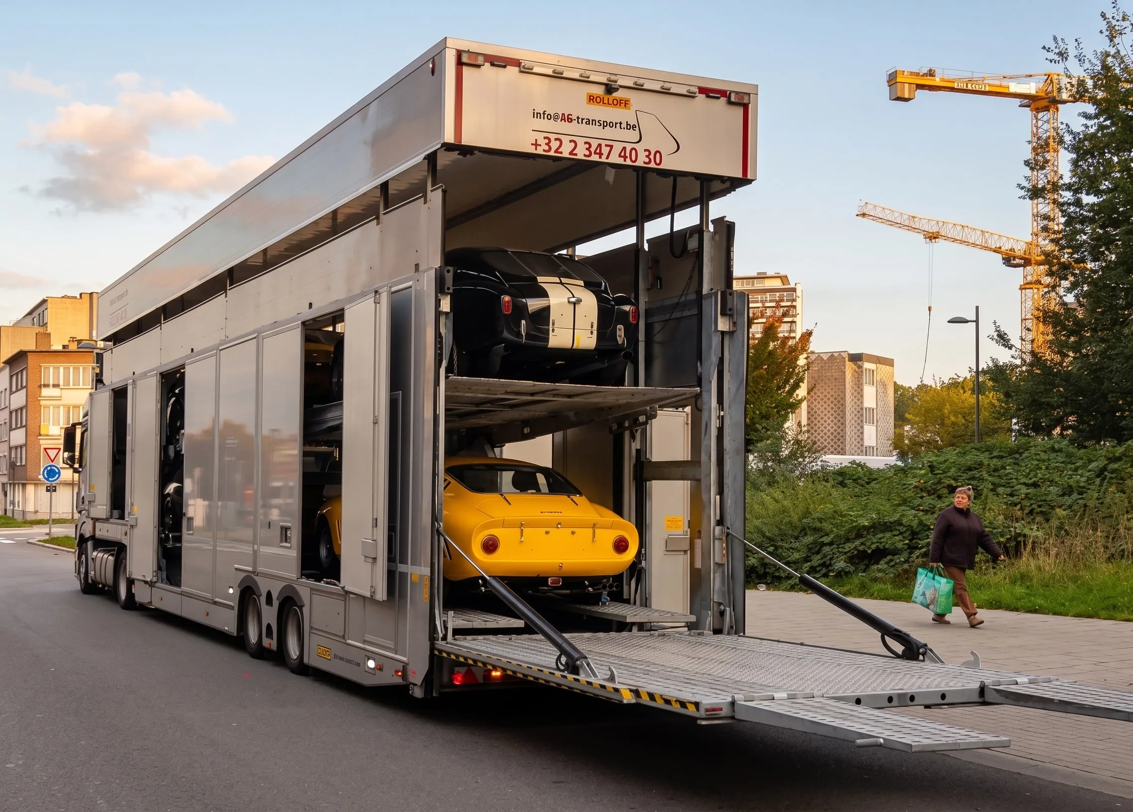 Autotransporter met platen neer in een stadsstraat