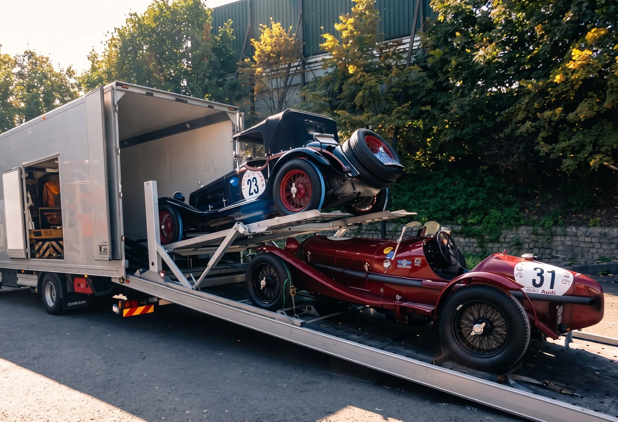 Zwei Vorkriegs-Rennwagen werden am Abend auf einen gedeckten Transporter geladen